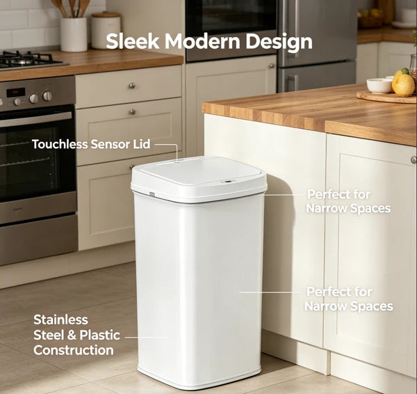 Tall Hands Free Automatic Sensor Trash Can, Stainless Steel & Plastic Touchless Garbage Bin, Large Capacity Sealed Waste Container for Kitchen Bathroom Home Office Indoor Use