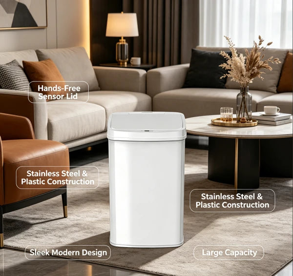 Tall Hands Free Automatic Sensor Trash Can, Stainless Steel & Plastic Touchless Garbage Bin, Large Capacity Sealed Waste Container for Kitchen Bathroom Home Office Indoor Use