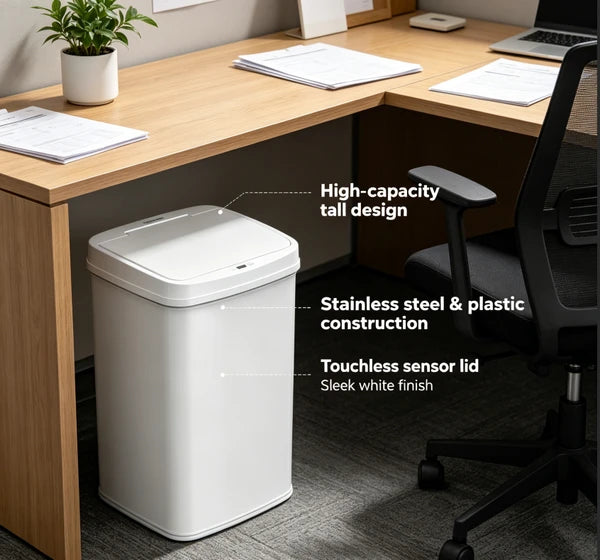 Tall Hands Free Automatic Sensor Trash Can, Stainless Steel & Plastic Touchless Garbage Bin, Large Capacity Sealed Waste Container for Kitchen Bathroom Home Office Indoor Use