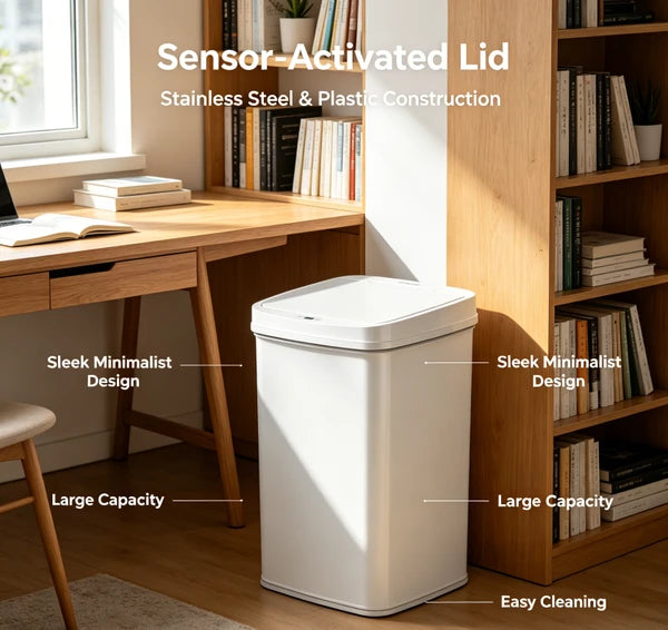 Tall Hands Free Automatic Sensor Trash Can, Stainless Steel & Plastic Touchless Garbage Bin, Large Capacity Sealed Waste Container for Kitchen Bathroom Home Office Indoor Use