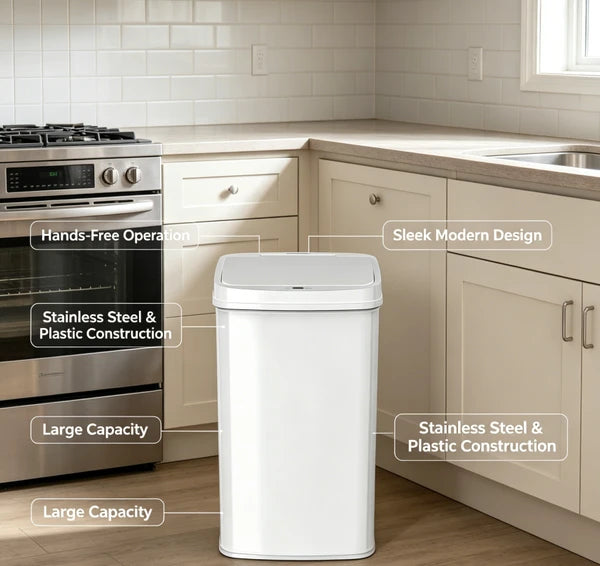 Tall Hands Free Automatic Sensor Trash Can, Stainless Steel & Plastic Touchless Garbage Bin, Large Capacity Sealed Waste Container for Kitchen Bathroom Home Office Indoor Use
