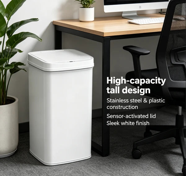 Tall Hands Free Automatic Sensor Trash Can, Stainless Steel & Plastic Touchless Garbage Bin, Large Capacity Sealed Waste Container for Kitchen Bathroom Home Office Indoor Use