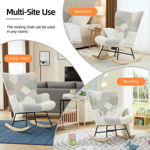 Teddy Upholstered Nursery Glider Rocking Chair - High Backrest Comfy Armchair | Versatile Accent Chair for Living Room, Bedroom, Offices