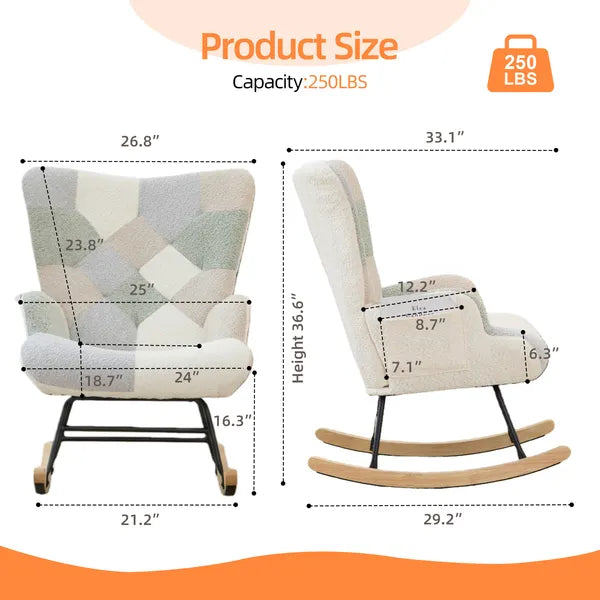 Teddy Upholstered Nursery Glider Rocking Chair - High Backrest Comfy Armchair | Versatile Accent Chair for Living Room, Bedroom, Offices