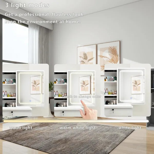 This vanity table features a mirror and three color lighting modes. It has four drawers, open shelving, a movable mirror, and shelves behind the mirror. A chair is also included, making it suitable fo