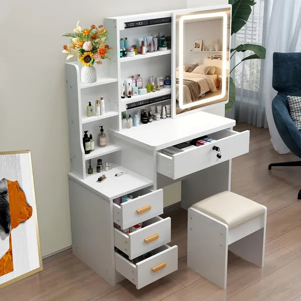This vanity table features a mirror and three color lighting modes. It has four drawers, open shelving, a movable mirror, and shelves behind the mirror. A chair is also included, making it suitable fo