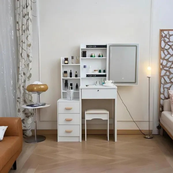 This vanity table features a mirror and three color lighting modes. It has four drawers, open shelving, a movable mirror, and shelves behind the mirror. A chair is also included, making it suitable fo
