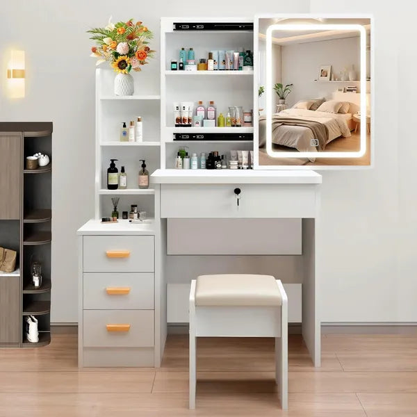 This vanity table features a mirror and three color lighting modes. It has four drawers, open shelving, a movable mirror, and shelves behind the mirror. A chair is also included, making it suitable fo