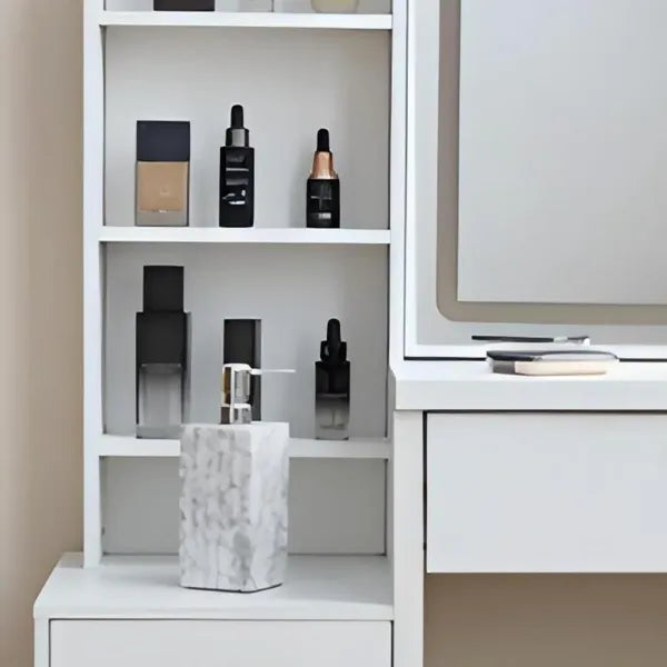 This vanity table features a mirror and three color lighting modes. It has four drawers, open shelving, a movable mirror, and shelves behind the mirror. A chair is also included, making it suitable fo