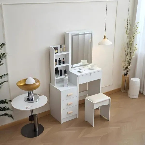 This vanity table features a mirror and three color lighting modes. It has four drawers, open shelving, a movable mirror, and shelves behind the mirror. A chair is also included, making it suitable fo