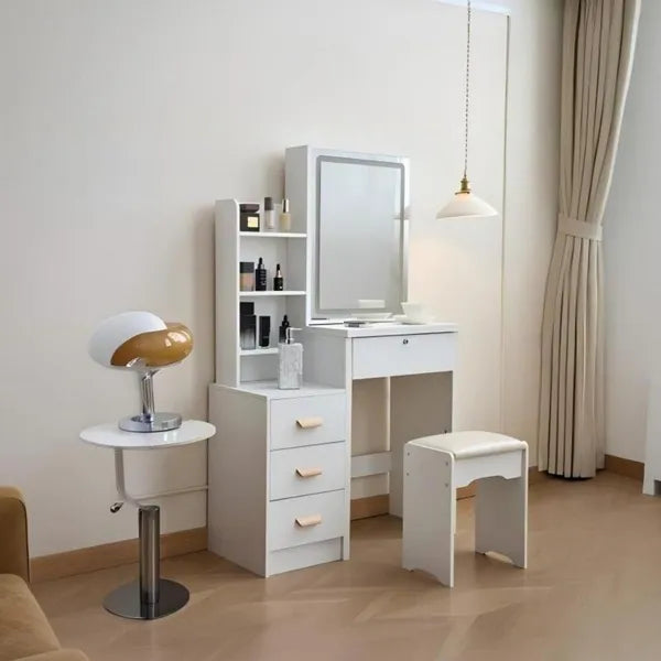 This vanity table features a mirror and three color lighting modes. It has four drawers, open shelving, a movable mirror, and shelves behind the mirror. A chair is also included, making it suitable fo