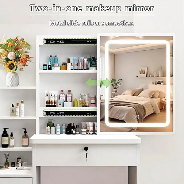 This vanity table features a mirror and three color lighting modes. It has four drawers, open shelving, a movable mirror, and shelves behind the mirror. A chair is also included, making it suitable fo