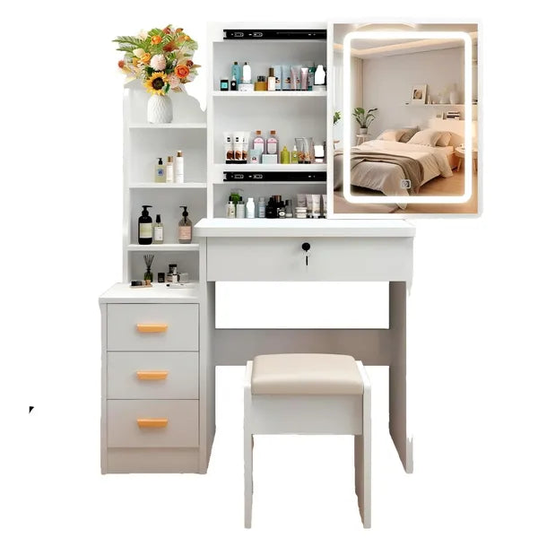 This vanity table features a mirror and three color lighting modes. It has four drawers, open shelving, a movable mirror, and shelves behind the mirror. A chair is also included, making it suitable fo