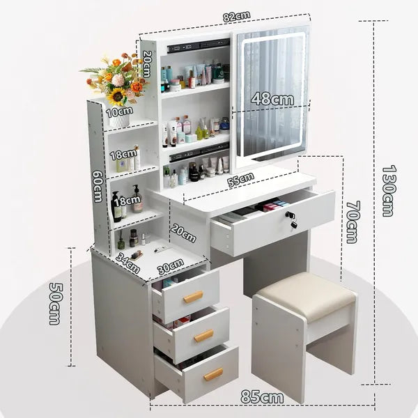 This vanity table features a mirror and three color lighting modes. It has four drawers, open shelving, a movable mirror, and shelves behind the mirror. A chair is also included, making it suitable fo