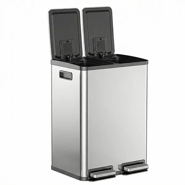 Trash Can with Lid - Large 60 Liter Stainless Steel Trash Can, Dual Compartment Plastic Inner Bucket (2 x 8 Gallon), Sealed Trash Can