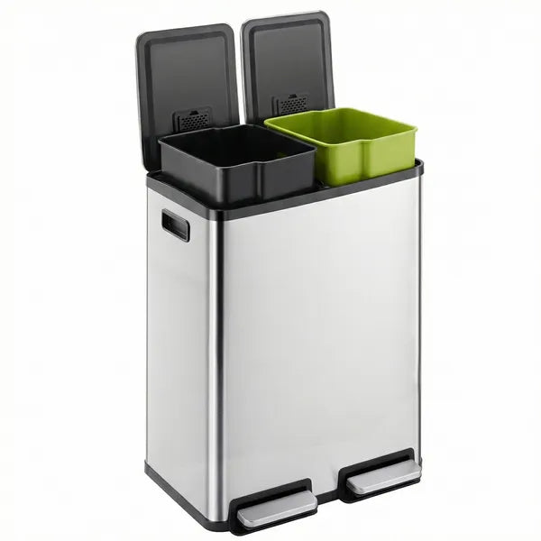 Trash Can with Lid - Large 60 Liter Stainless Steel Trash Can, Dual Compartment Plastic Inner Bucket (2 x 8 Gallon), Sealed Trash Can