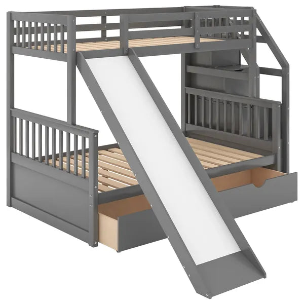 Twin over Full Bunk Bed with Drawers,Storage and Slide, Multifunction, Gray