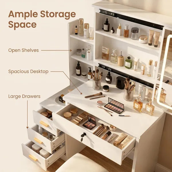 Vanity Desk with Sliding Mirror and Lights, Makeup Vanity Set with 4 Drawers, Stool, Open Shelves, 3 Color Adjustable Lighting Modes, Makeup Dressing Table for Bedroom