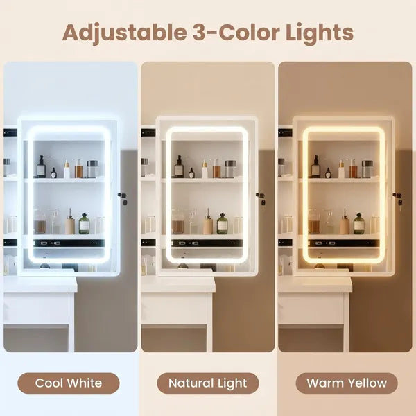 Vanity Desk with Sliding Mirror and Lights, Makeup Vanity Set with 4 Drawers, Stool, Open Shelves, 3 Color Adjustable Lighting Modes, Makeup Dressing Table for Bedroom