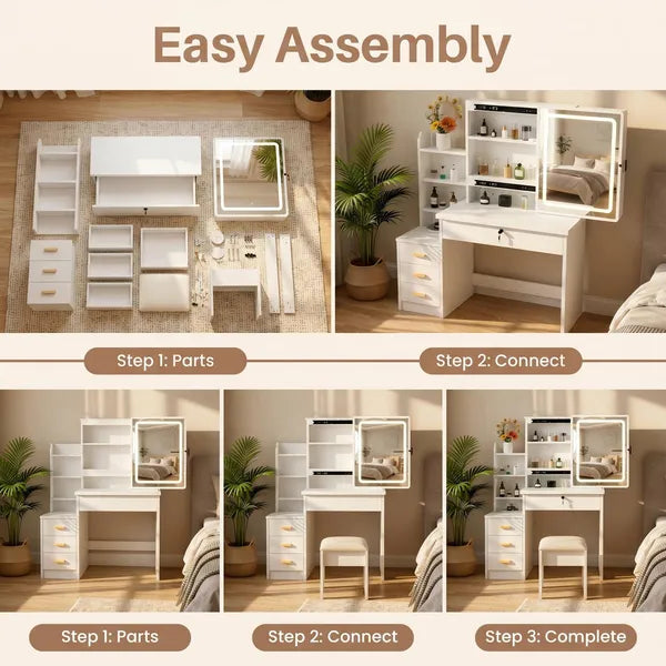 Vanity Desk with Sliding Mirror and Lights, Makeup Vanity Set with 4 Drawers, Stool, Open Shelves, 3 Color Adjustable Lighting Modes, Makeup Dressing Table for Bedroom