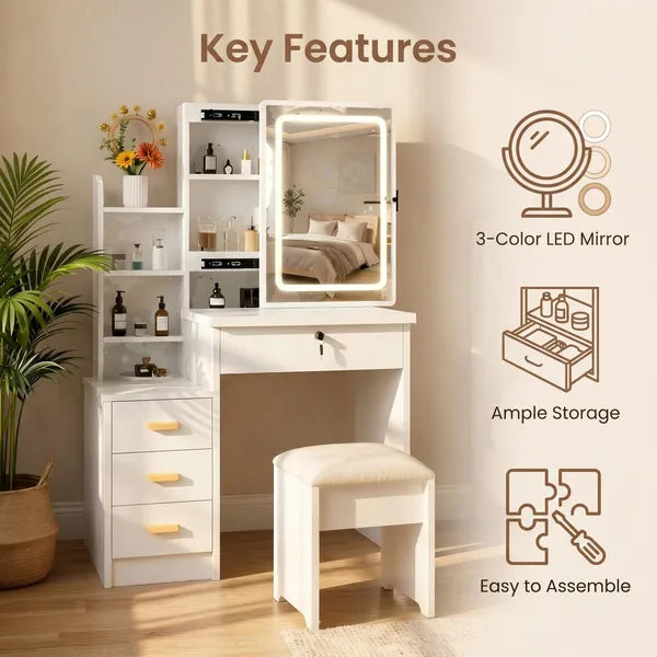 Vanity Desk with Sliding Mirror and Lights, Makeup Vanity Set with 4 Drawers, Stool, Open Shelves, 3 Color Adjustable Lighting Modes, Makeup Dressing Table for Bedroom