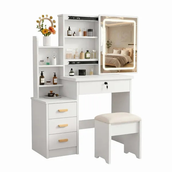 Vanity Desk with Sliding Mirror and Lights, Makeup Vanity Set with 4 Drawers, Stool, Open Shelves, 3 Color Adjustable Lighting Modes, Makeup Dressing Table for Bedroom