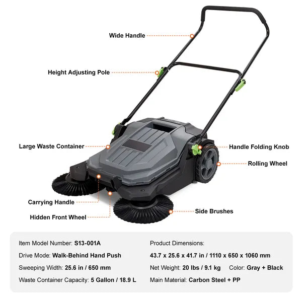 Walk-behind Hand Push Floor Sweeper, 25.6" Sweeping Width Floor Sweeper Manual Non-Electric, 5-Gallon Waste Container, Angle & Height Adjustable Folding Handle for Walkway, Yard, Garage, Patio