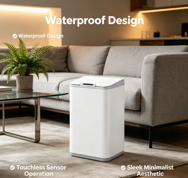 Waterproof Touchless Automatic Sensor Trash Can, Tall Sealed Odor Proof Garbage Bin, Modern White Waste Container for Bathroom Kitchen Office Household Indoor Use
