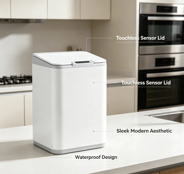 Waterproof Touchless Automatic Sensor Trash Can, Tall Sealed Odor Proof Garbage Bin, Modern White Waste Container for Bathroom Kitchen Office Household Indoor Use
