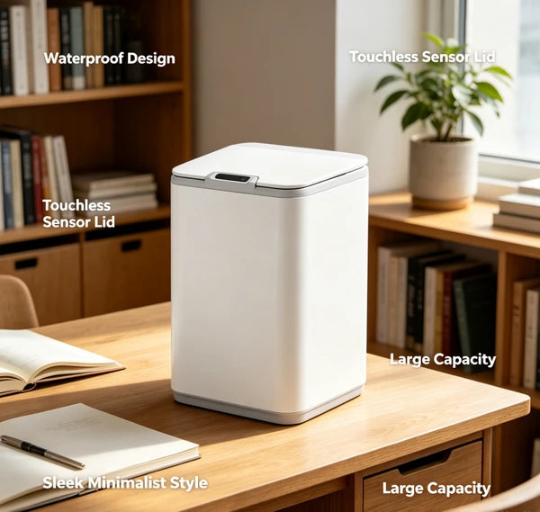 Waterproof Touchless Automatic Sensor Trash Can, Tall Sealed Odor Proof Garbage Bin, Modern White Waste Container for Bathroom Kitchen Office Household Indoor Use