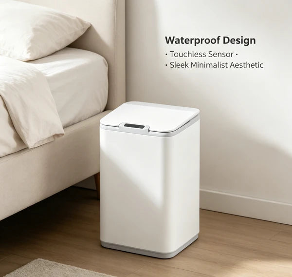 Waterproof Touchless Automatic Sensor Trash Can, Tall Sealed Odor Proof Garbage Bin, Modern White Waste Container for Bathroom Kitchen Office Household Indoor Use