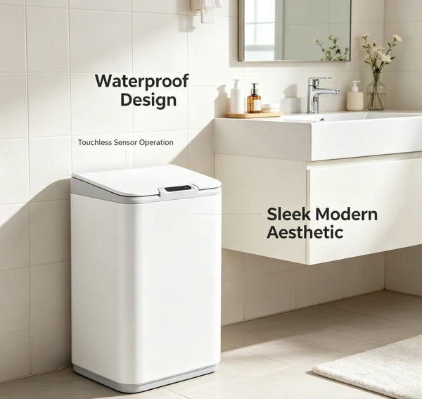 Waterproof Touchless Automatic Sensor Trash Can, Tall Sealed Odor Proof Garbage Bin, Modern White Waste Container for Bathroom Kitchen Office Household Indoor Use