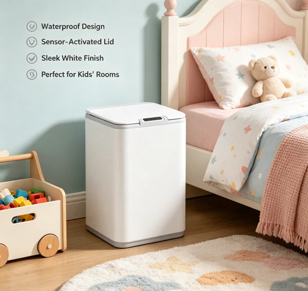 Waterproof Touchless Automatic Sensor Trash Can, Tall Sealed Odor Proof Garbage Bin, Modern White Waste Container for Bathroom Kitchen Office Household Indoor Use