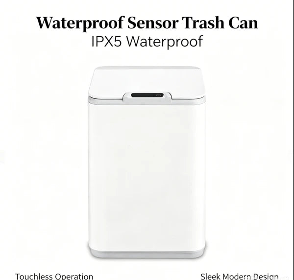 Waterproof Touchless Automatic Sensor Trash Can, Tall Sealed Odor Proof Garbage Bin, Modern White Waste Container for Bathroom Kitchen Office Household Indoor Use