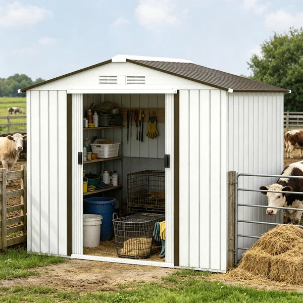 White 7x4 Garden Shed Storage with 4 Vents And 2 Sliding Doors Backyard Patio Garage Lawn Tool House