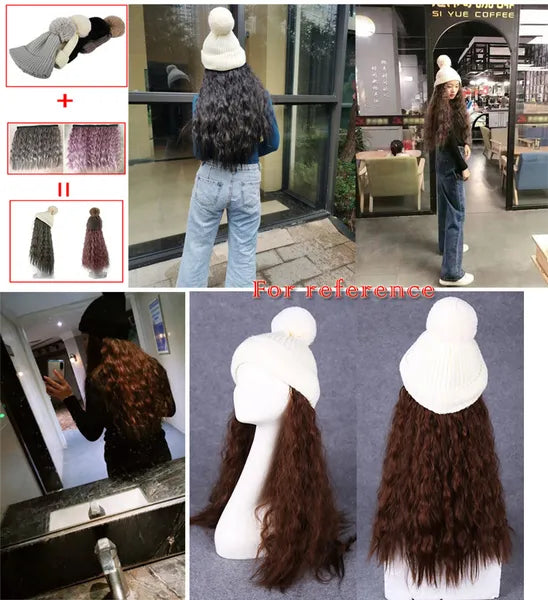 Womens Winter Knit Hat with Synthetic Long Curly Corn Wave Hair Attached Light Brown Wig Cap