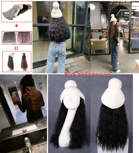 Womens Winter Knit Hat with Synthetic Long Curly Corn Wave Hair Attached Natural Black Wig Cap