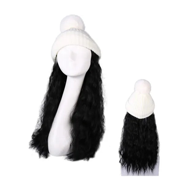 Womens Winter Knit Hat with Synthetic Long Curly Corn Wave Hair Attached Natural Black Wig Cap
