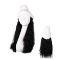 Womens Winter Knit Hat with Synthetic Long Curly Corn Wave Hair Attached Natural Black Wig Cap