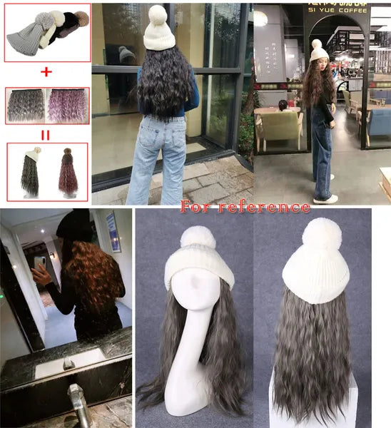 Womens Winter Knit Hat with Synthetic Long Curly Corn Wave Hair Attached Ombre Grey Wig Cap