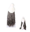 Womens Winter Knit Hat with Synthetic Long Curly Corn Wave Hair Attached Ombre Grey Wig Cap