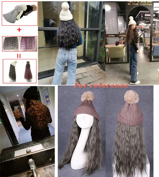 Womes Pink Winter Knit Hat with Ombre Grey Synthetic Long Curly Corn Wave Hair Attached