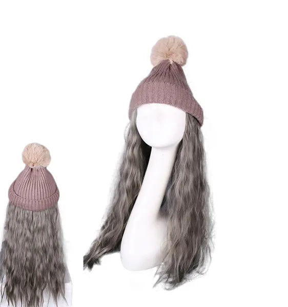Womes Pink Winter Knit Hat with Ombre Grey Synthetic Long Curly Corn Wave Hair Attached