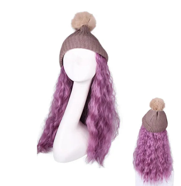 Womes Winter Pink Knit Hat with Grey Purple Synthetic Long Curly Corn Wave Hair Attached