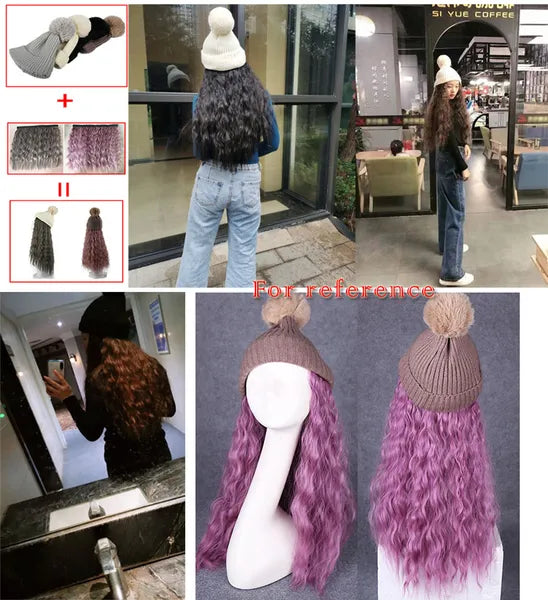 Womes Winter Pink Knit Hat with Grey Purple Synthetic Long Curly Corn Wave Hair Attached