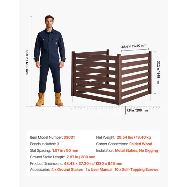 Wooden Privacy Fence, 48 x 37 inch Air Conditioner Fence, 3 Panel Solid Outdoor Wood Privacy Screen with Metal Stakes, Steel Frame, Trash Can Hider Fences Suitable for Garden, Pool