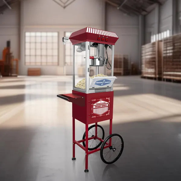 XH-P831-P Movie Theater-Style Popcorn Machine Maker with Cart and 12-Ounce Kettle - Red, Vintage-Style Popper on Wheels