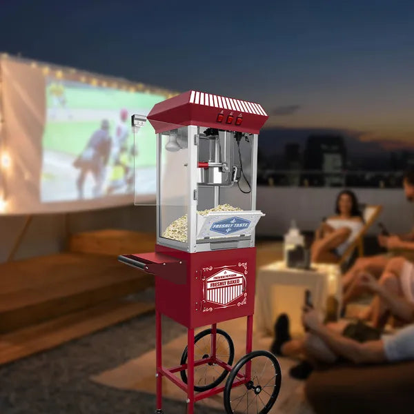 XH-P831-P Movie Theater-Style Popcorn Machine Maker with Cart and 12-Ounce Kettle - Red, Vintage-Style Popper on Wheels