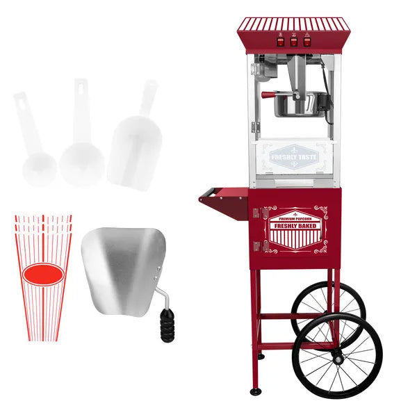 XH-P831-P Movie Theater-Style Popcorn Machine Maker with Cart and 12-Ounce Kettle - Red, Vintage-Style Popper on Wheels